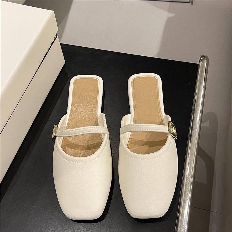 Women s Square Toe Mule Slides Buckle Decor Flat Slippers Casual Mary Jane Style Sandals for Ladies 36 белый