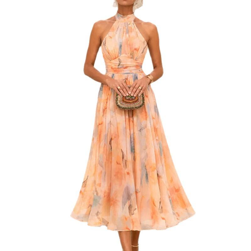 Spring New, Elegant Vacation Print Neck Sleeveless Dress Long Dress
