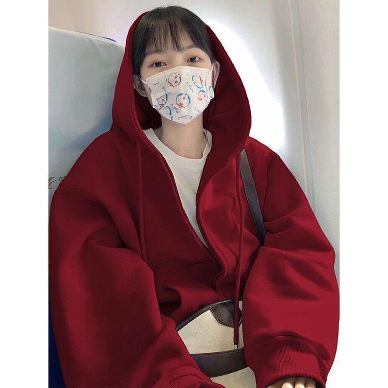 Women's Red Hooded Zip-Up Cardigan - New Year Battle Robe Style, Plus Velvet, Petite Loose Fit for Spring & Autumn