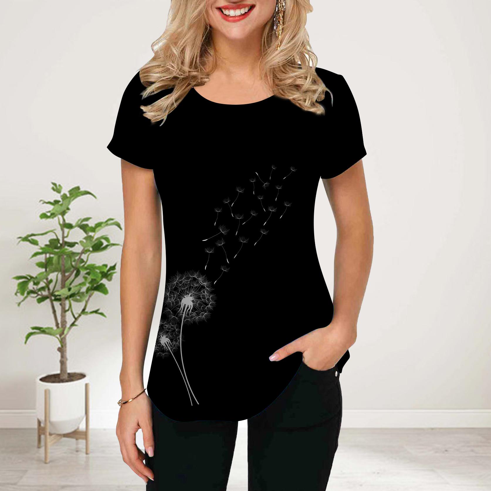 

Женская летняя футболка с принтом одуванчика, черные футболки с коротким рукавом, повседневные топы с принтом 8XL чёрный