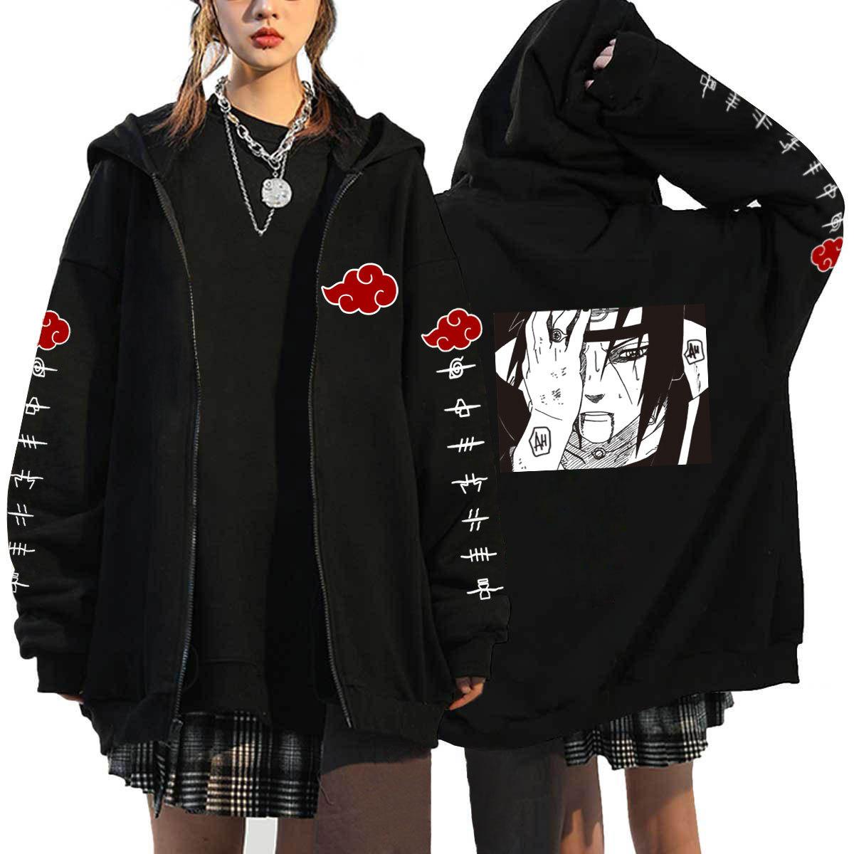 Felpe con cappuccio Naruto Anime giapponesi Uomo Kawaii Harajuku Manga Cappotti con cerniera grafica Uchiha Itachi Sasuke Felpe streetwear stampate Pullover unisex Top S