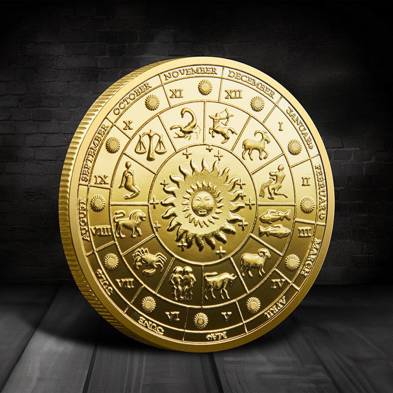 Evropské a americké zodiacové pamětní mince, mince osázené diamanty, Tarot přání pro Slunečního boha, zlaté a stříbrné mince, ozdoby