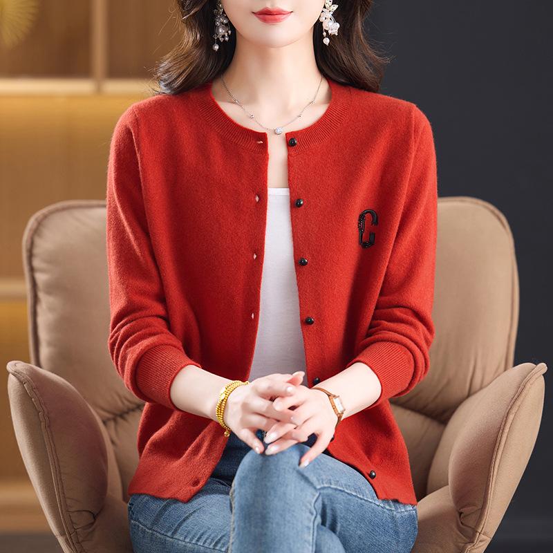 Women's Pure Wool Knitted Cardigan: Round Neck, Slimming, Autumn/Winter Loose Fit Sweater