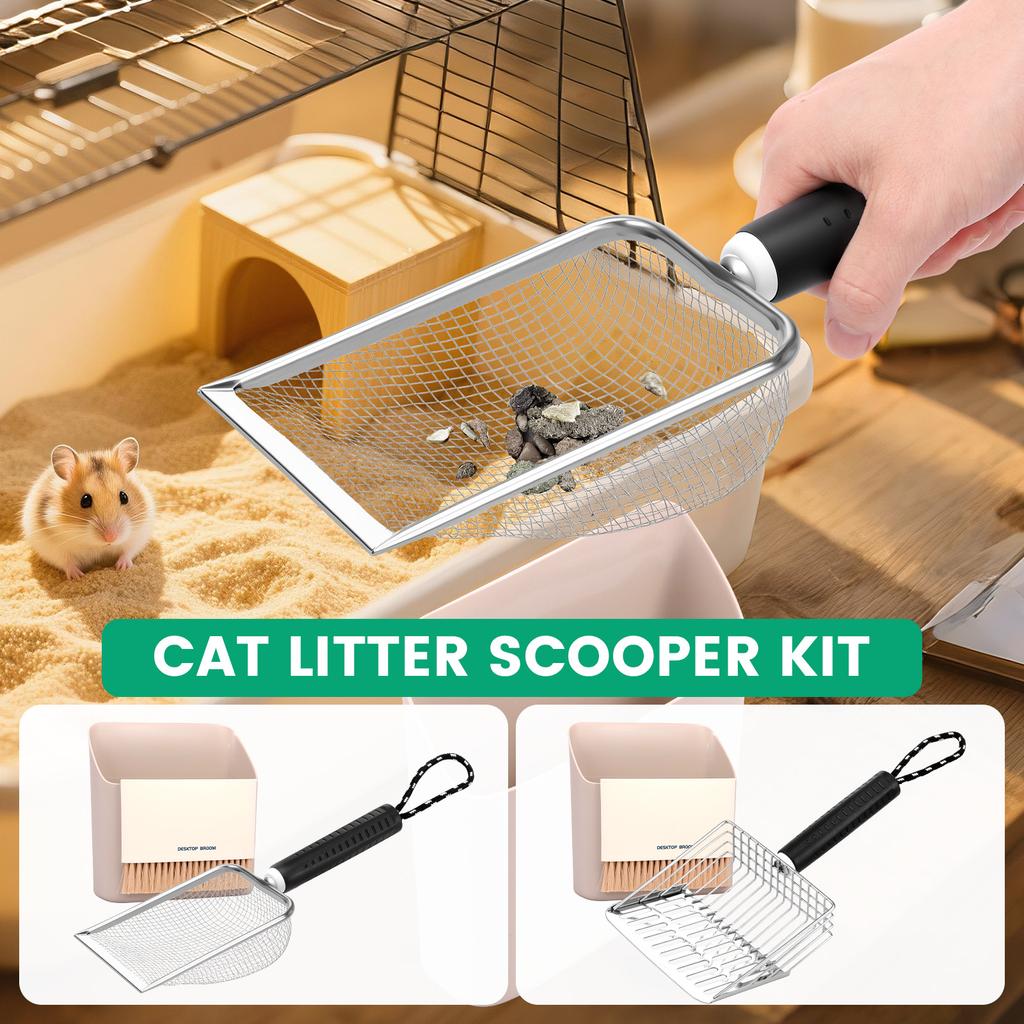 Stainless Steel Cat Litter Scooper Set with Small Broom and Dustpan Clean Non-Stick Shovel For Small Pets or Reptile Sand Waste