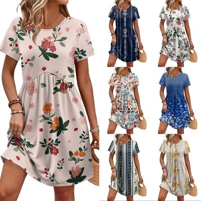 Damen Kurzarm Blumenprint Kleid Lässig Rundhals Taillenband Tasche Sommer Lockerer Schnitt Kleid