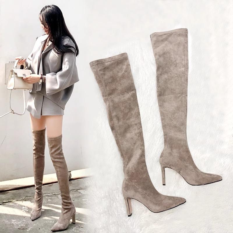 Pointed Over Knee Boots Khaki Suede Socks Boots 2025 All-in-One Boots Ultra High Heel Nude Boots Elastic Boots