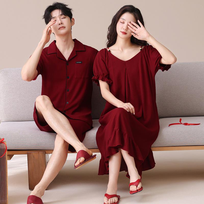 Damen Rot Antibakterielles Baumwoll-Nachthemd Pyjama-Set—Kurzarm, Shorts, Hochzeits- & Tierkreiszeichen-Motive