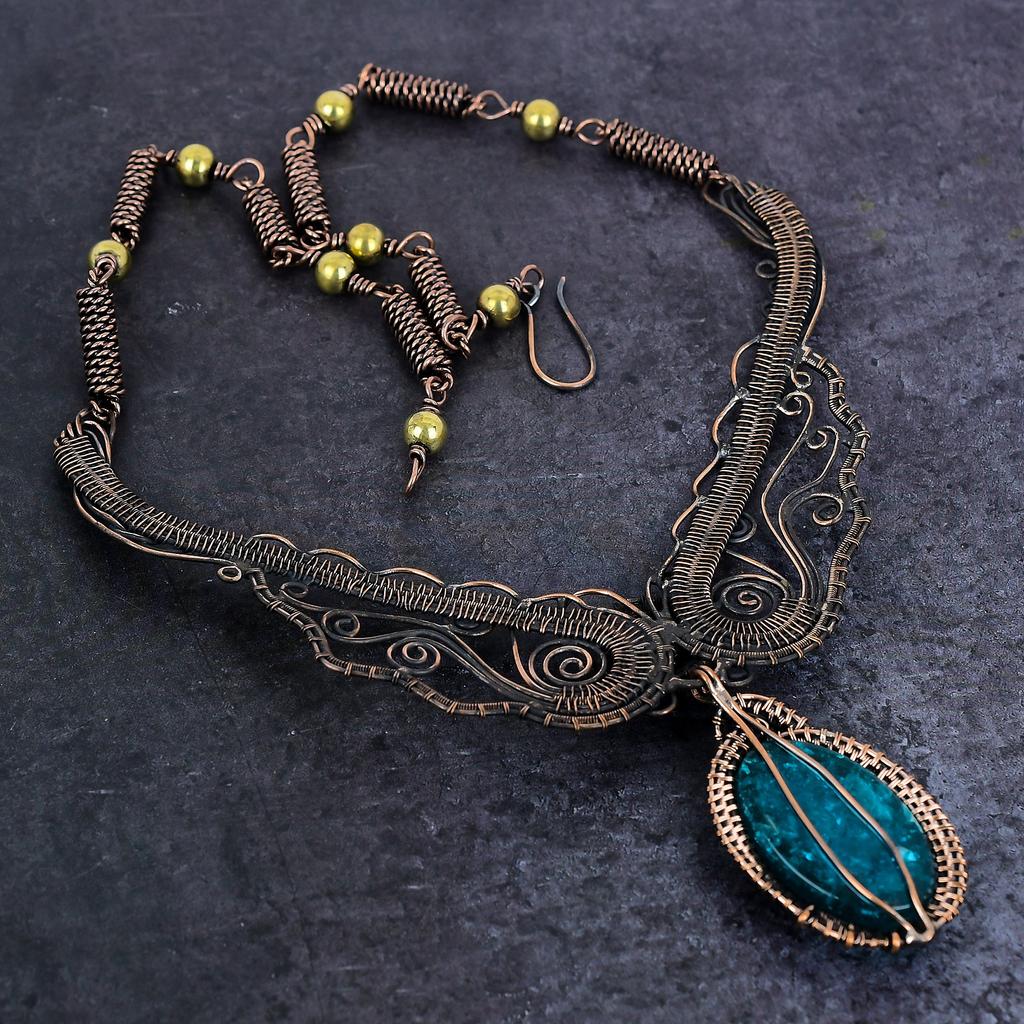 Natural Neon Blue Apatite, Moonstone Copper Wire Wrap Jewelry Necklace 18" s8A15