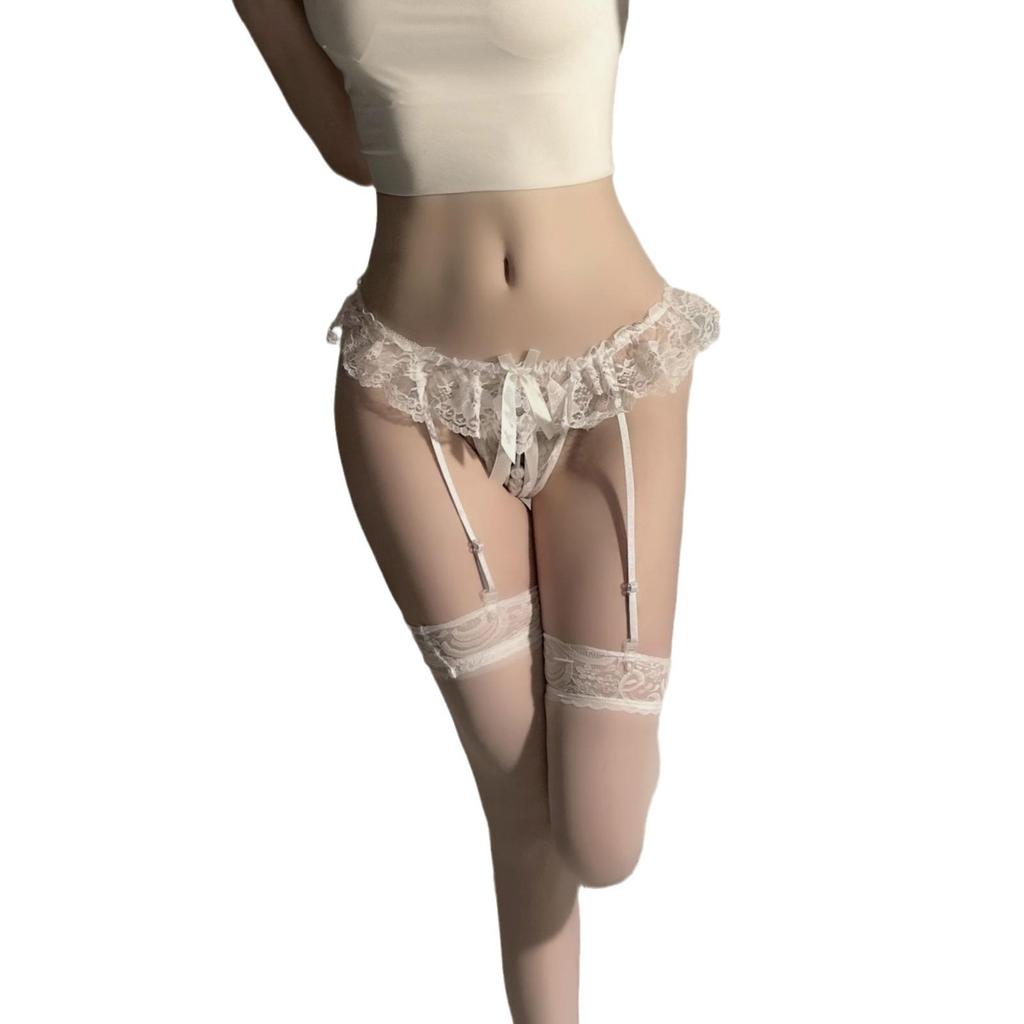 Sexy Black Lace Garter Stockings with Open Crotch Fishnet Leggings Set