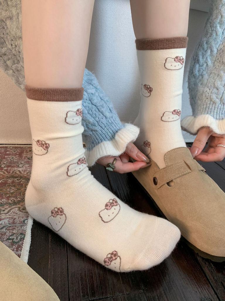 White Lace Pile Socks Girls Cute Kitty Kitty Kitty Mid-Leg Socks Trendy Spring And Autumn Pure Cotton Stockings