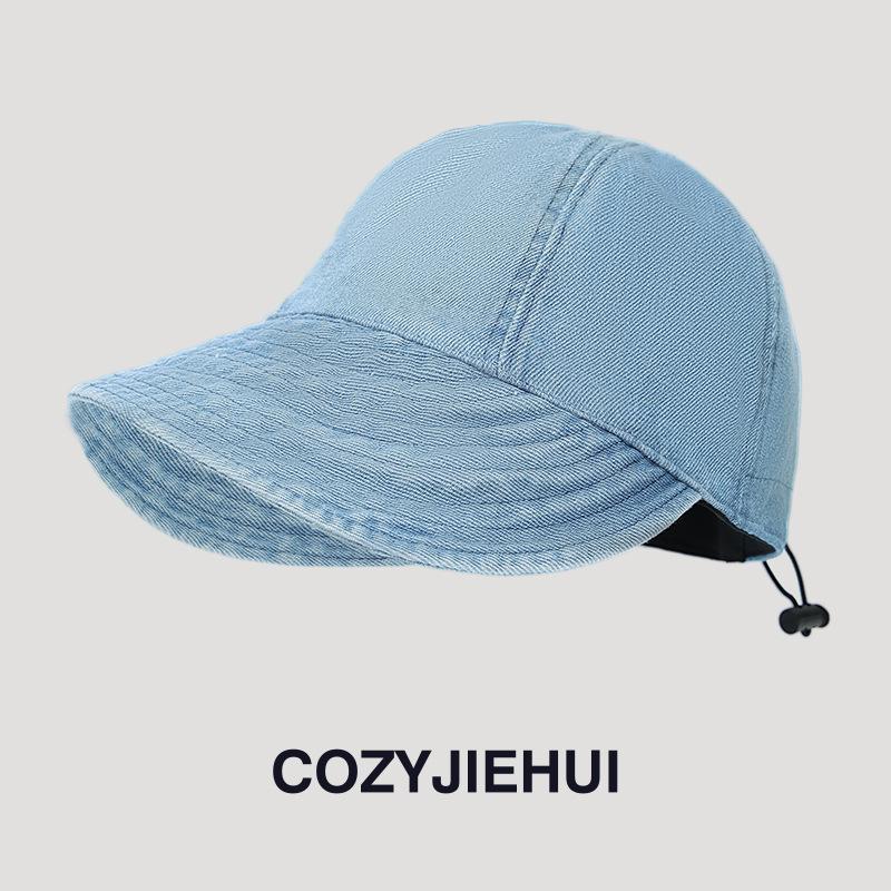 Retro ladies washed denim bucket hat cap big eaves UV protection plain face covering fisherman hat