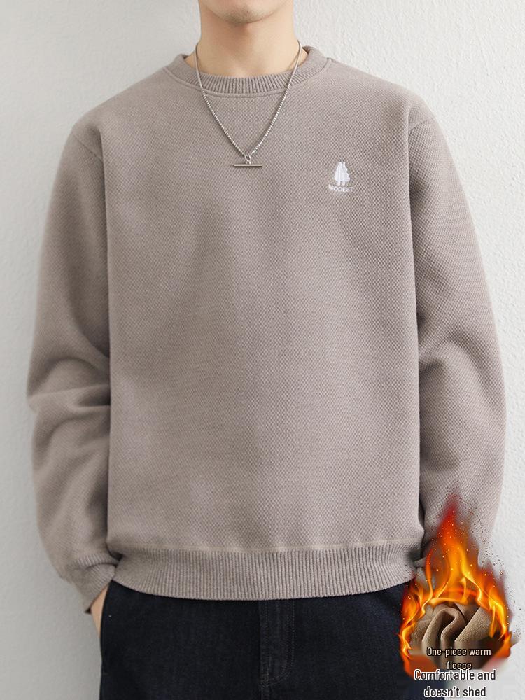 Men's Youth Velvet Thickened Wool Sweater - Embroidered, Warm, Trendy Round Neck Knitwear for Autumn and Winter