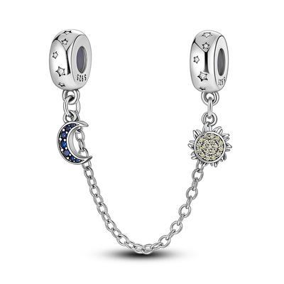 S925 Silver Plated Star Moon Safety Chain Charms Beads Fit Original Bracelet Fine DIY Birthday Jewelry