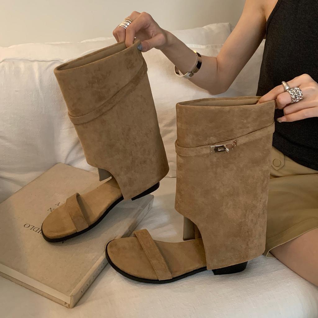 French niche Spice Girls Pant Pants Boots Women's New Versatile Open-toe Cool Boots Western Boots Metal Buckle Roman Sandals