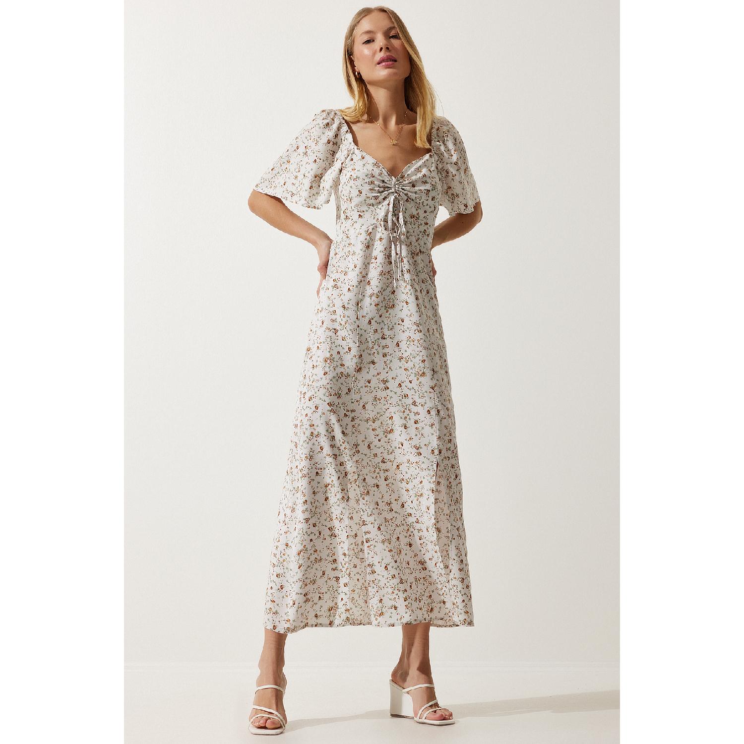 

Женское вискозное платье цвета экрю с разрезом и воланами Ub00247 36 белый