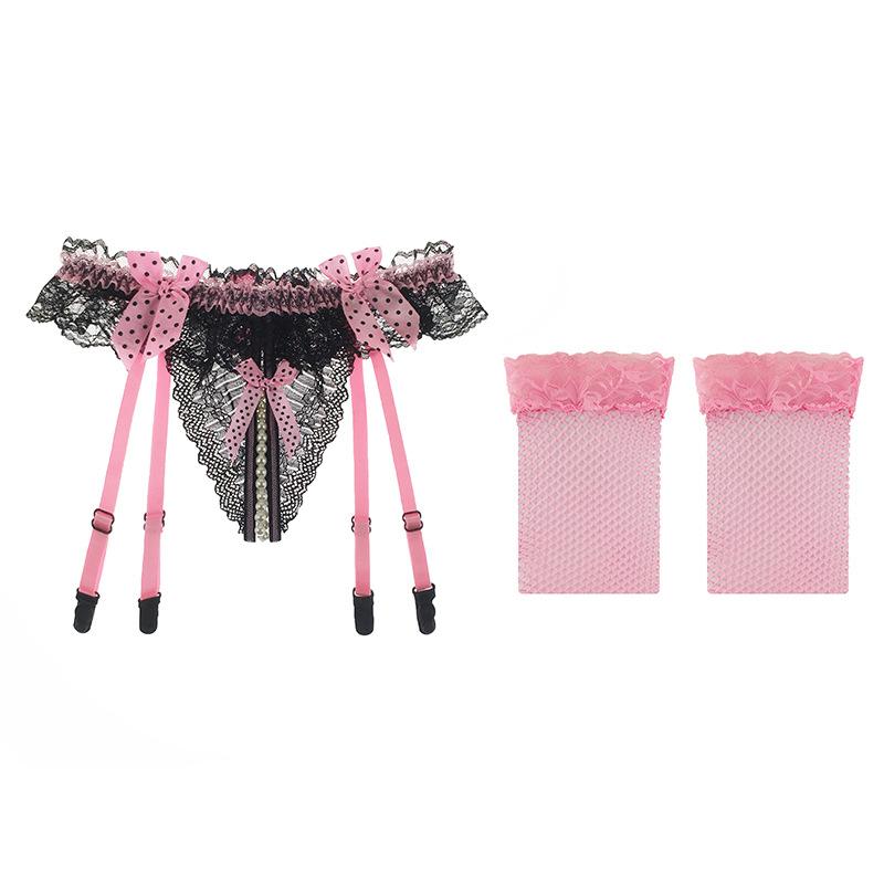 Sexy Perspective Lace Garter Belt Women's Ultra-thin Stockings Set, Fun Open Crotch Pearl Massage Garter Socks with T-pants
