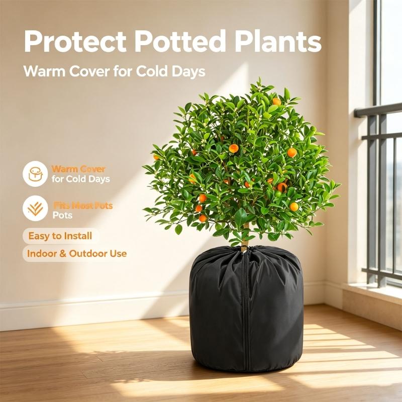 Cold Wind Plant Cover with Vertical Opening, Fabric and Gathered Cord Closure for Potted Bushes and Small Trees