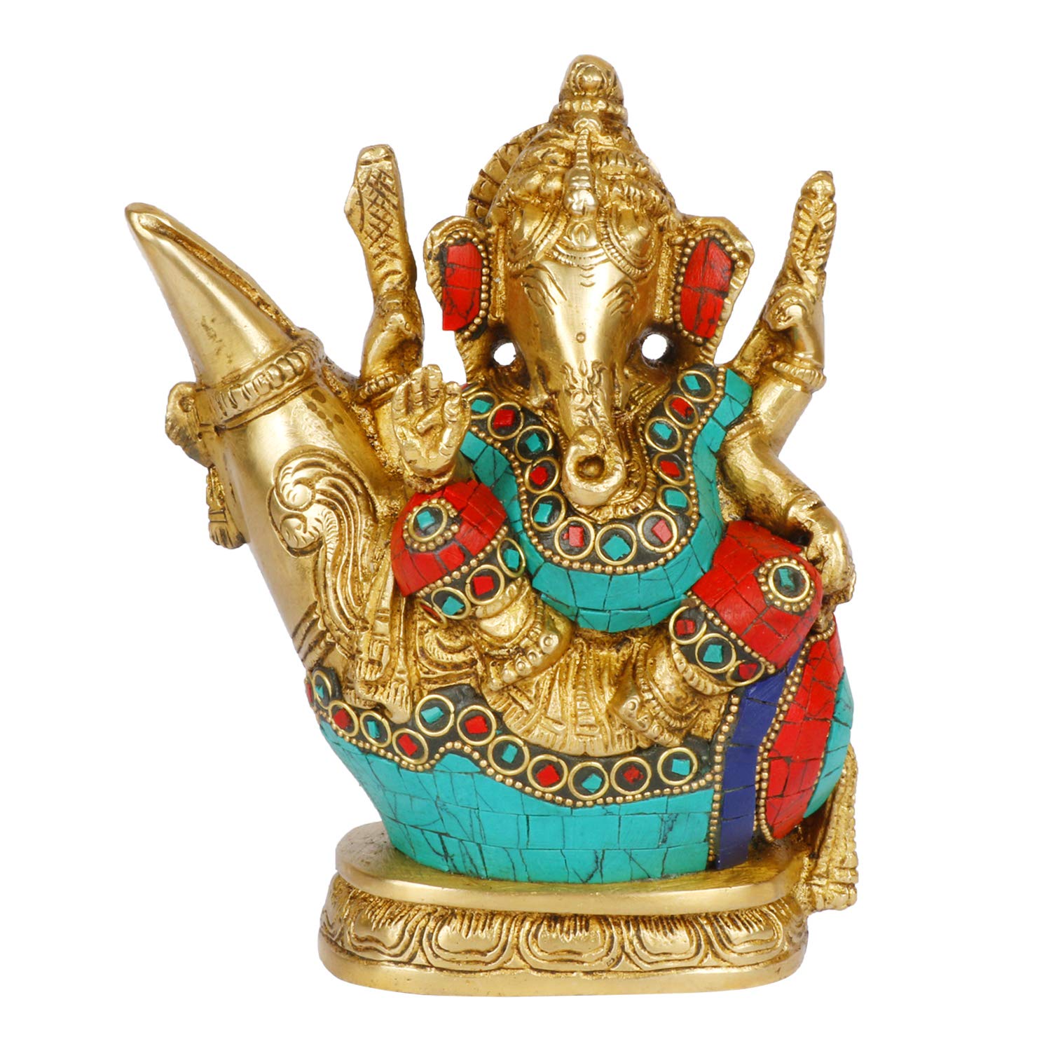 Pure Brass Ganesha Sitting On Shankh Idol, Multicolor Finish, Home Decor Idol