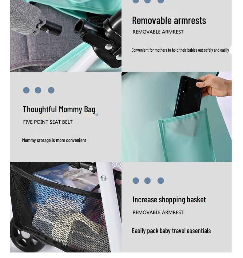 Lightweight Foldable Baby Stroller, Four-Wheeled, Convertible for Sitting or Lying, One-Button Fold Portable Design