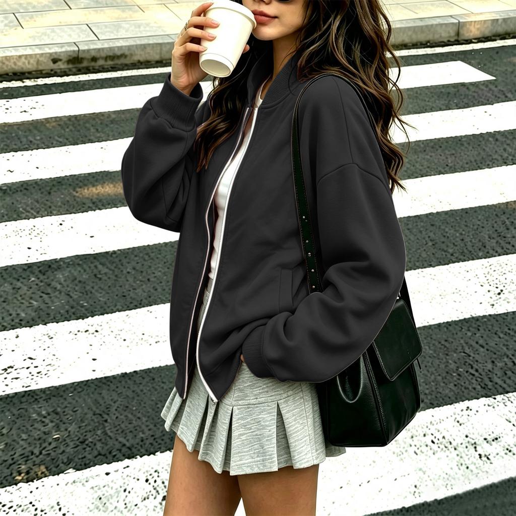 Women's Long Sleeve V-Neck Zip-Up Jacket Loose Fit Color Casual Outerwear