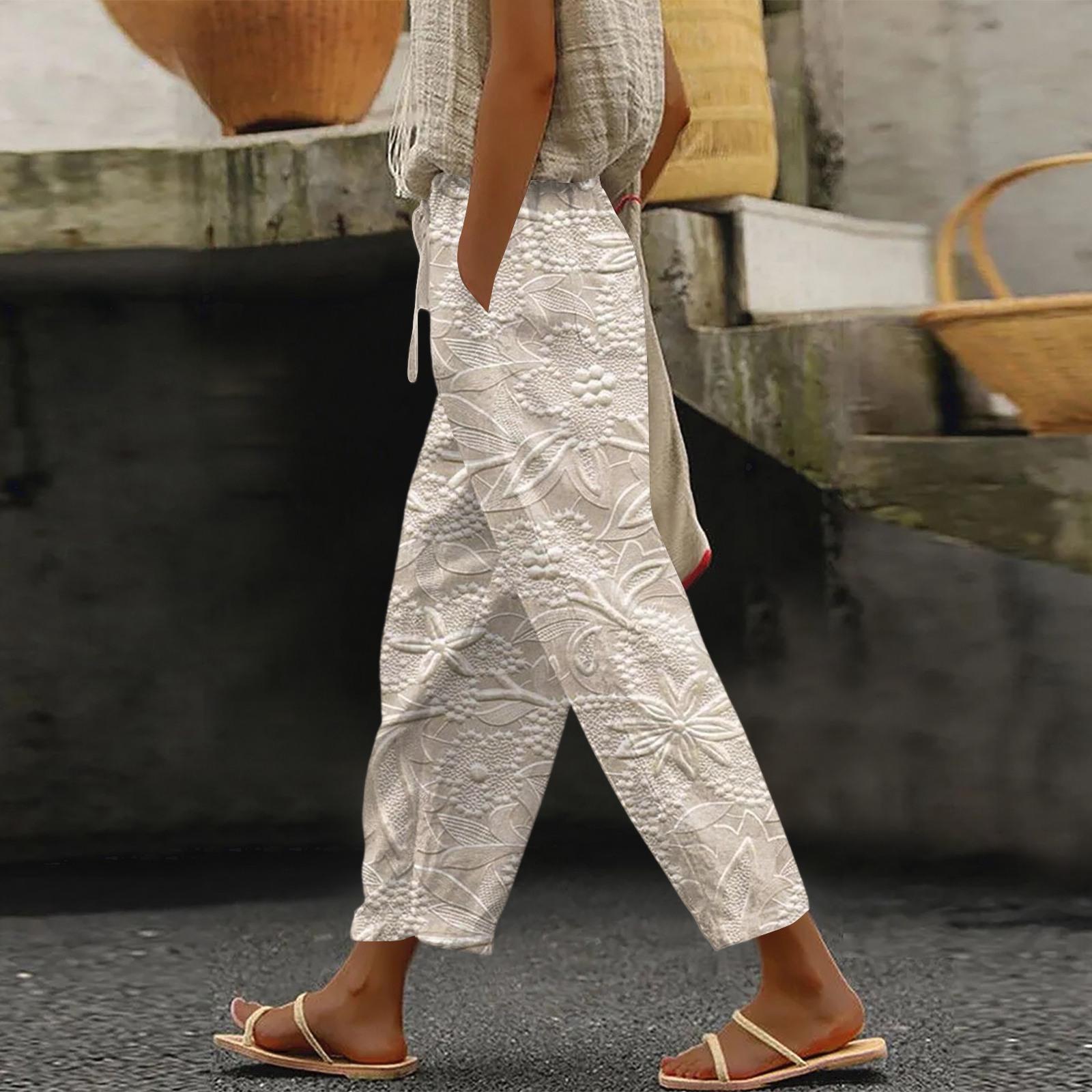 

Women s Fashionable Floral Print Drawstring Pocket Elastic Waist Casual Pants L бежевый