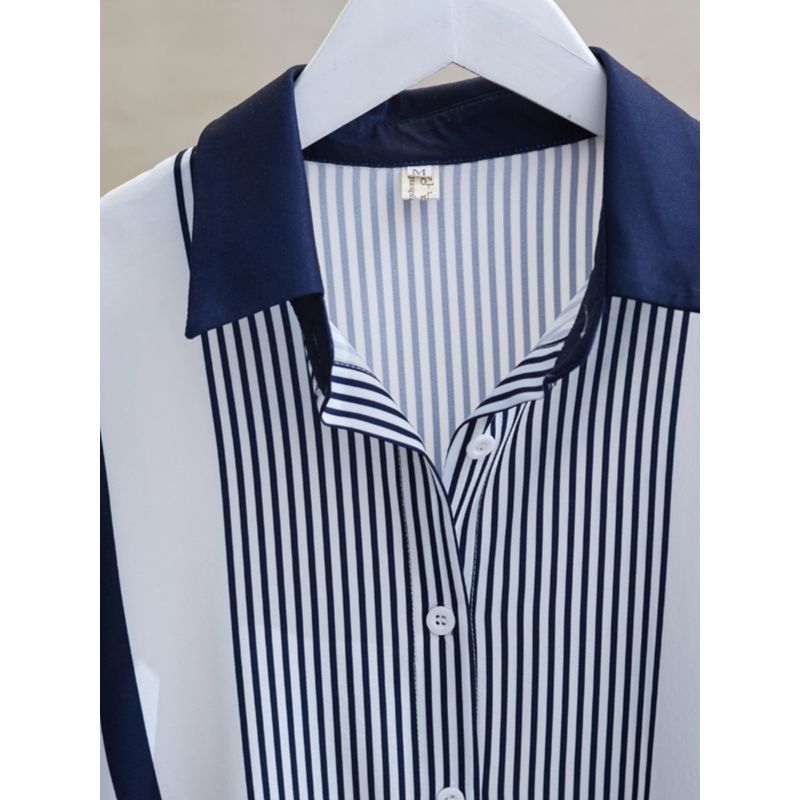 Fall New Arrival Plus Size Women's Clothing Fat Sister Fashion Single-Breasted Stripes Chiffon Long Sleeve Shirt Top Trendy S-4XL