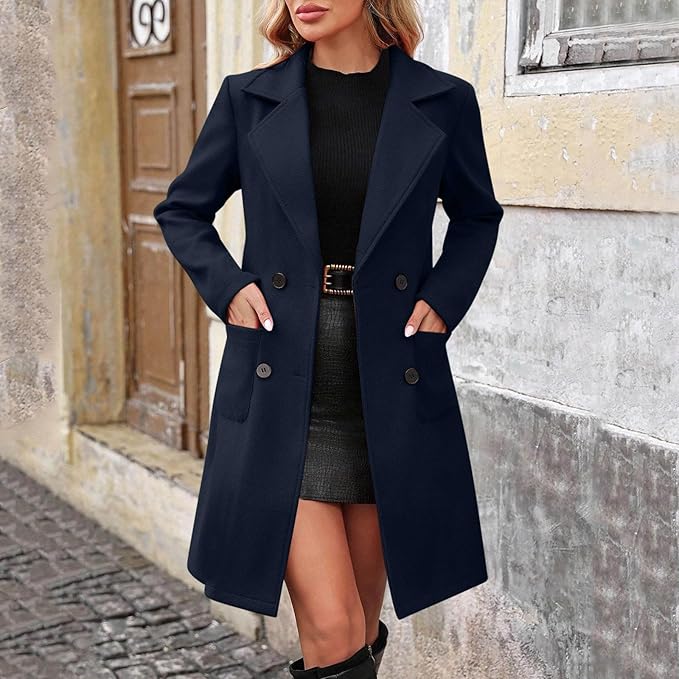 

Women s Casual And Fashion Jacket Solid Color Lapel Double Button With Pockets Coat S
