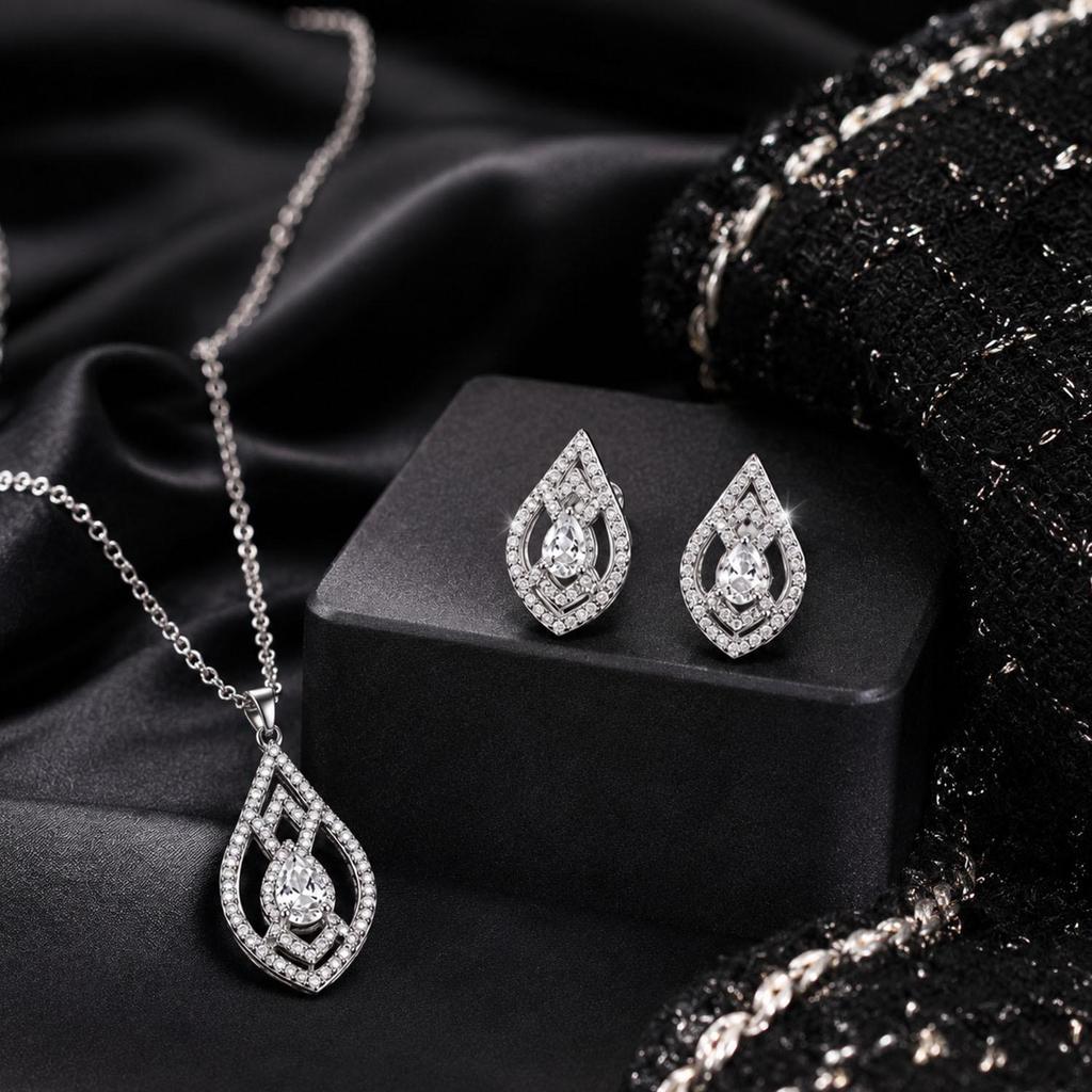 Light Luxury Cubic Zirconia Necklace & Earrings Set - White Tear Drop Pendant, Fashionable Collarbone Chain