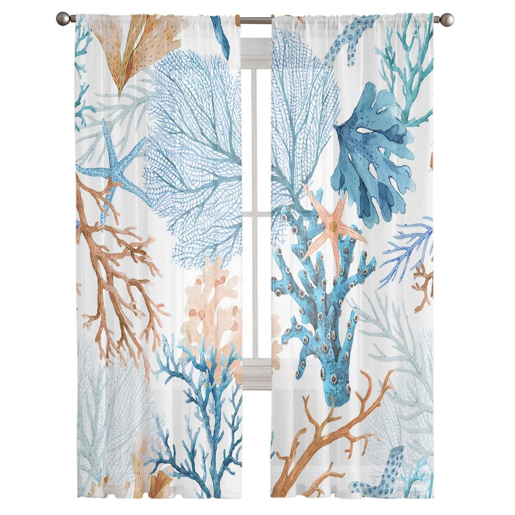 Beach Marine Life Blue Brown Coral Voile Sheer Curtains Living Room Window Tulle Curtain Kitchen Bedroom Drapes Home Decor