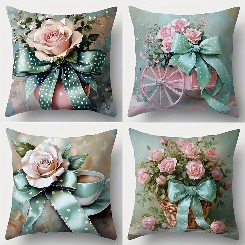 Pink Rose and Polka Dot Bow Pattern Home Decor Pillowcase Living Room Sofa Polyester Cushion Cover with Zipper