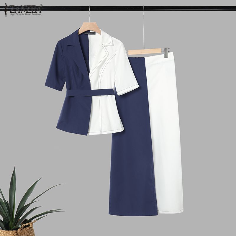 ZANZEA Women Patchwork Short Sleeve Blouse and Long Pants Casual Two Piece Suit Sets
