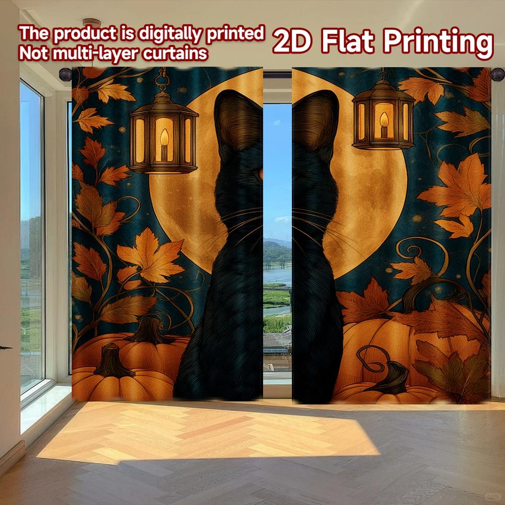 

Light Filtering Flat Printing Curtains Without Rod Halloween Black Cat Lanterns Holiday Easter Printed Prints Curtain Set Of 2 Made Polyester Washable W100*H70(CM)-Hooks&2PCS