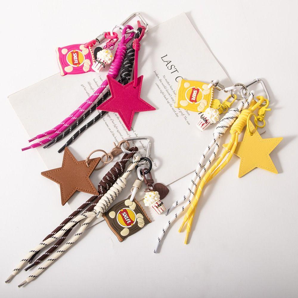 Popcorn Potato Chips Star Shaped Keychain PU Leather Star Keyring  Children Girl