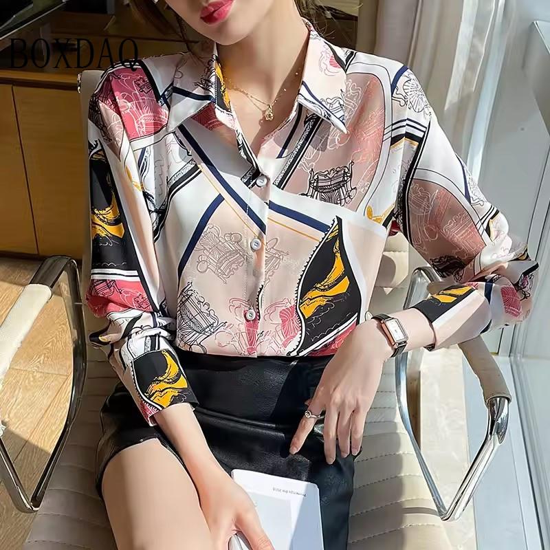 Fashion Woman Blouses Autumn Shirts For Women Abstract Striped Basic Womens Tops Luxury Women's Lapel Blouses Print Elegant