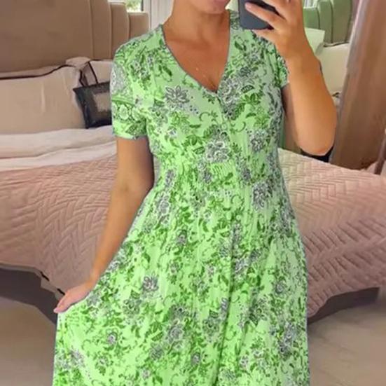 Women Dress V Neck Floral Print High Waist Ruffle Edge A-line Big Swing Hem Pleated Ankle Length Dating Beach Maxi Dress