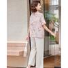 Pastel Mom's Summer Casual Chinese Style Chiffon Printed Top & Pants Set