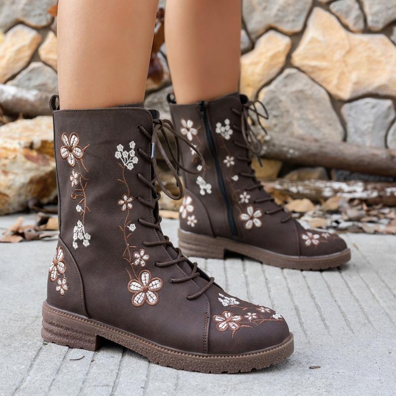 Autumn and Winter New Flat-bottom Embroidered Martin Boots Women's Round Head Square Heel Side Zipper Lace-up Medium Boots Women