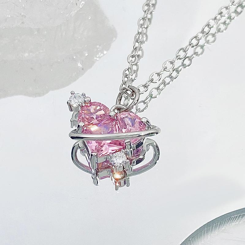 Bling White Zircon Bracelet Necklaces for Women Heart-Shaped Pink Crystal Pendant Necklace Women's Jewelry Set Exquisite Gifts
