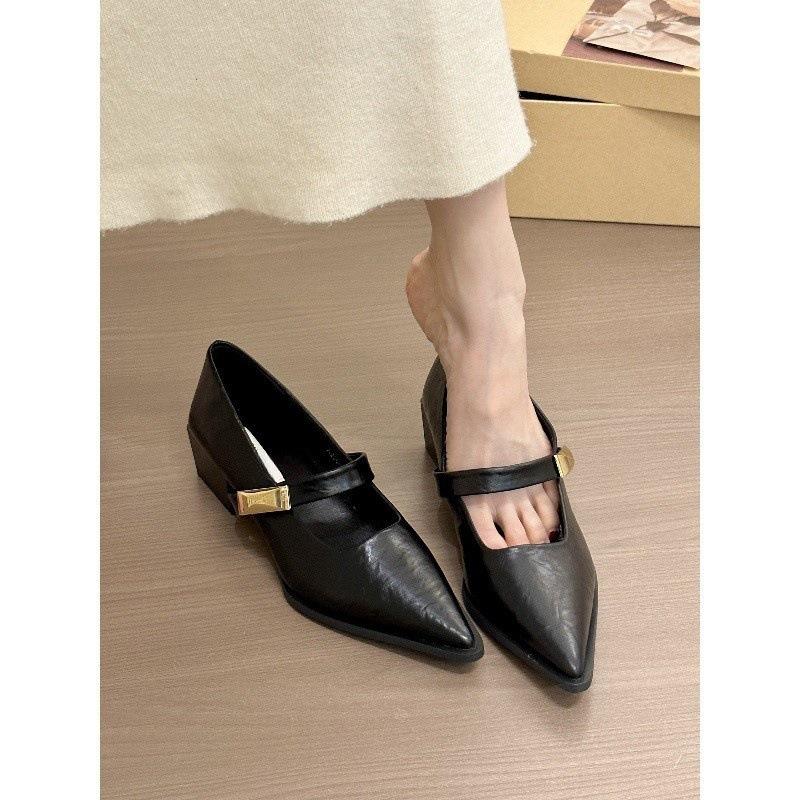 Mist green tone! Stylish pointed gold buckle Mary Jane shoes women's spring commuter thick heel shoes
