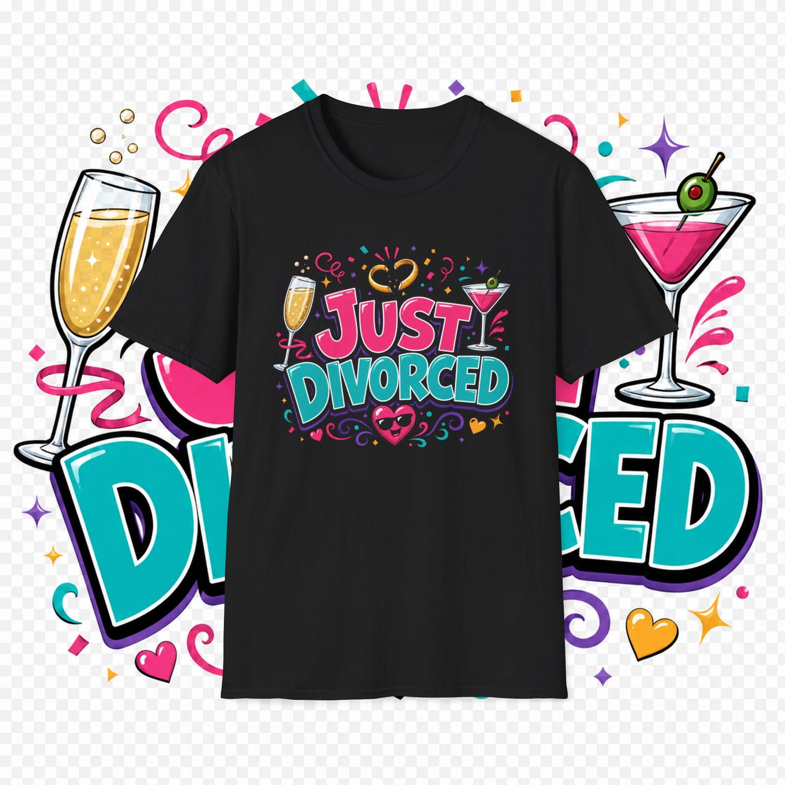 Just Divorced T-Shirt | Funny Divorce Celebration Tee, Champagne & Martini Design 2XL