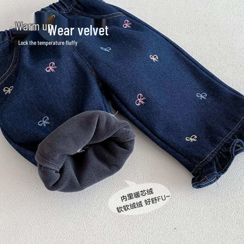 Girls' Winter Fleece-Lined Jeans with Bow and Lace Design