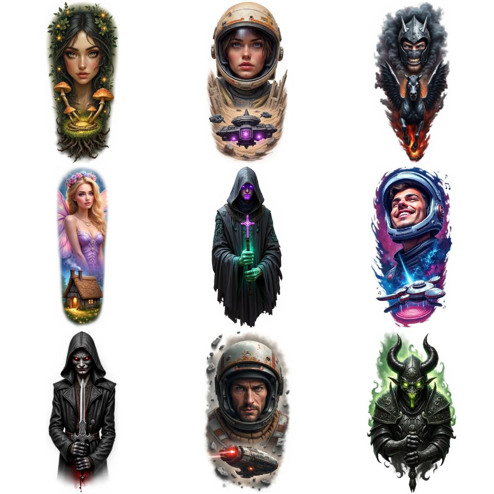9pcs Temporary Tattoo Colorful Realism Alien Woman With UFO Wizard With Staff Dark Warrior With Scythe For Adult Arms Male