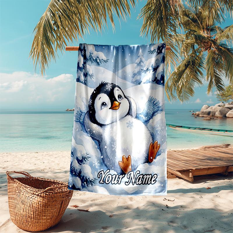 1PC Custom Name Snowy Penguin Winter Scene Beach Towel Highly Absorbent And Sand-Resistant Towel for Swimming, Pool, Yoga, And Travel Lightweight
