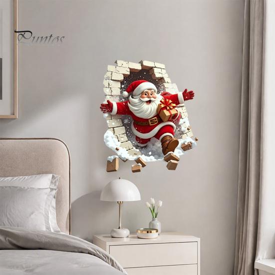 Santa Claus Decoration Decal Broken Wall Sticker, Christmas Decal, Seasonal Decorations Removable Mural for Living Room Bedroom Holiday Party