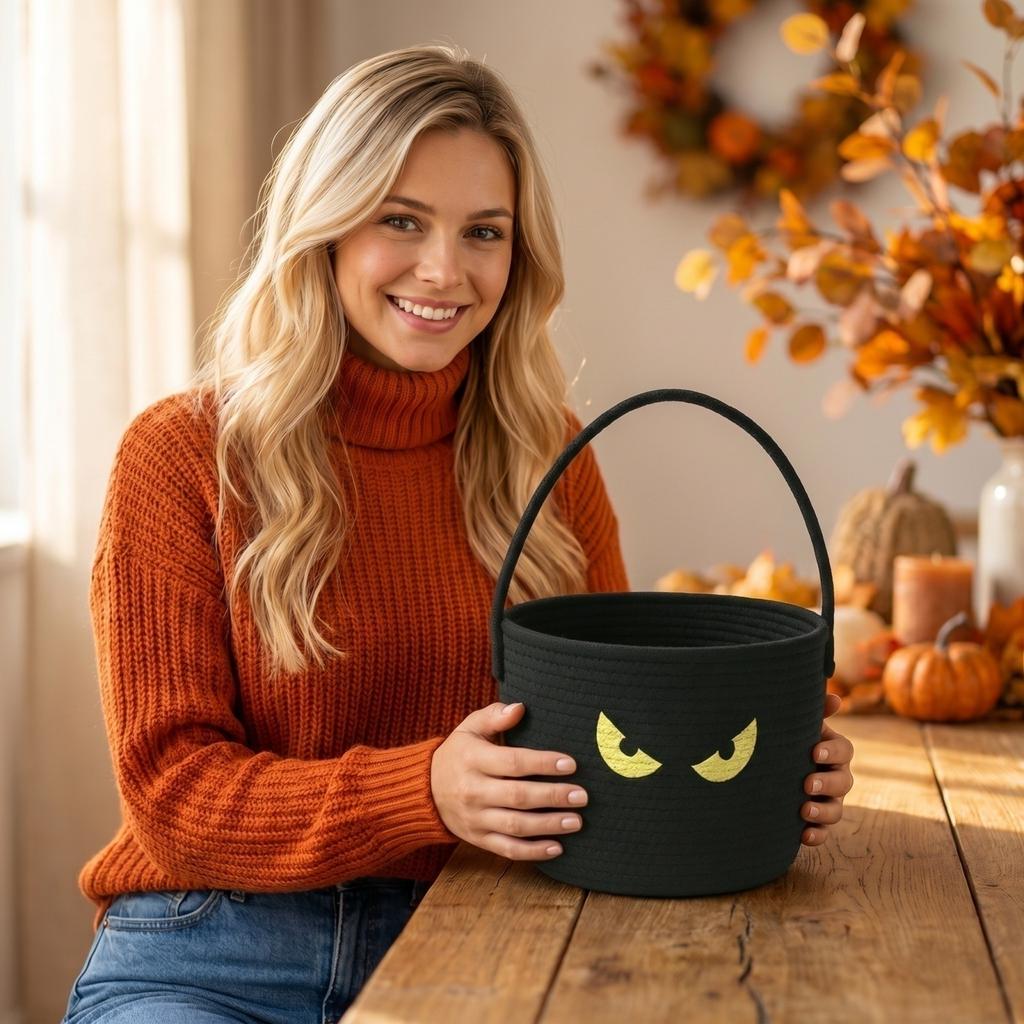 Halloween Baumwollseil Kürbis Korb mit Griffen zur Aufbewahrung von Süßigkeiten und Geschenken