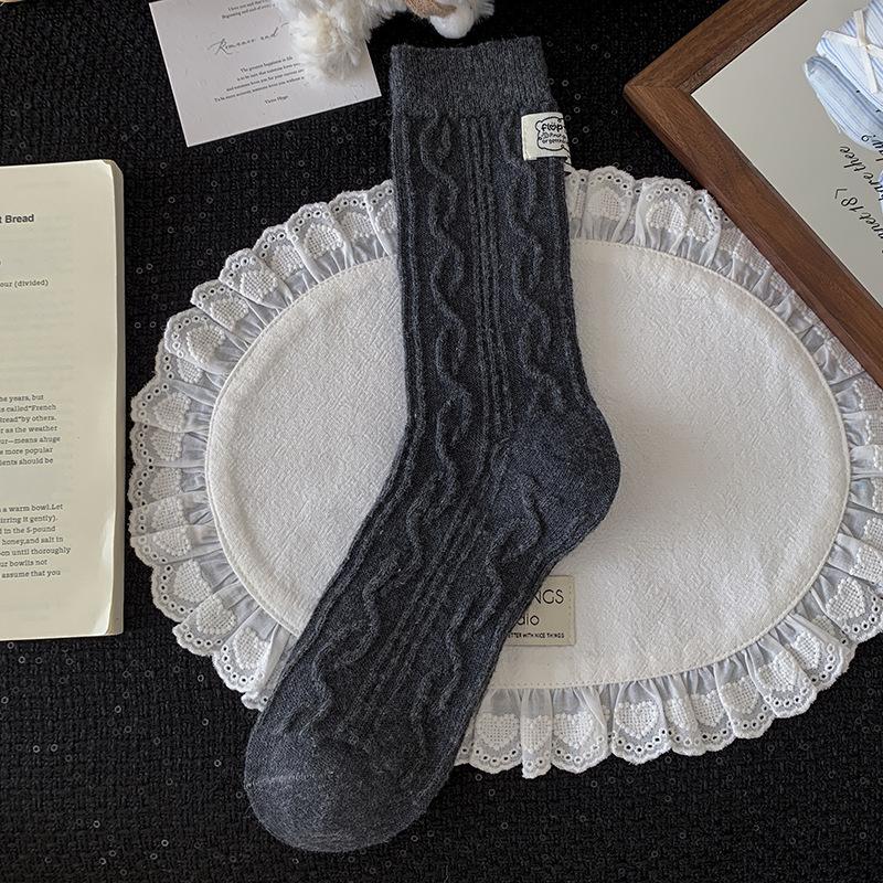 Gray Wool Socks Children'S Season Warm Medium Tube Socks Cute Cartoon Embroidered Cat Striped Cloth Label Stacking Socks