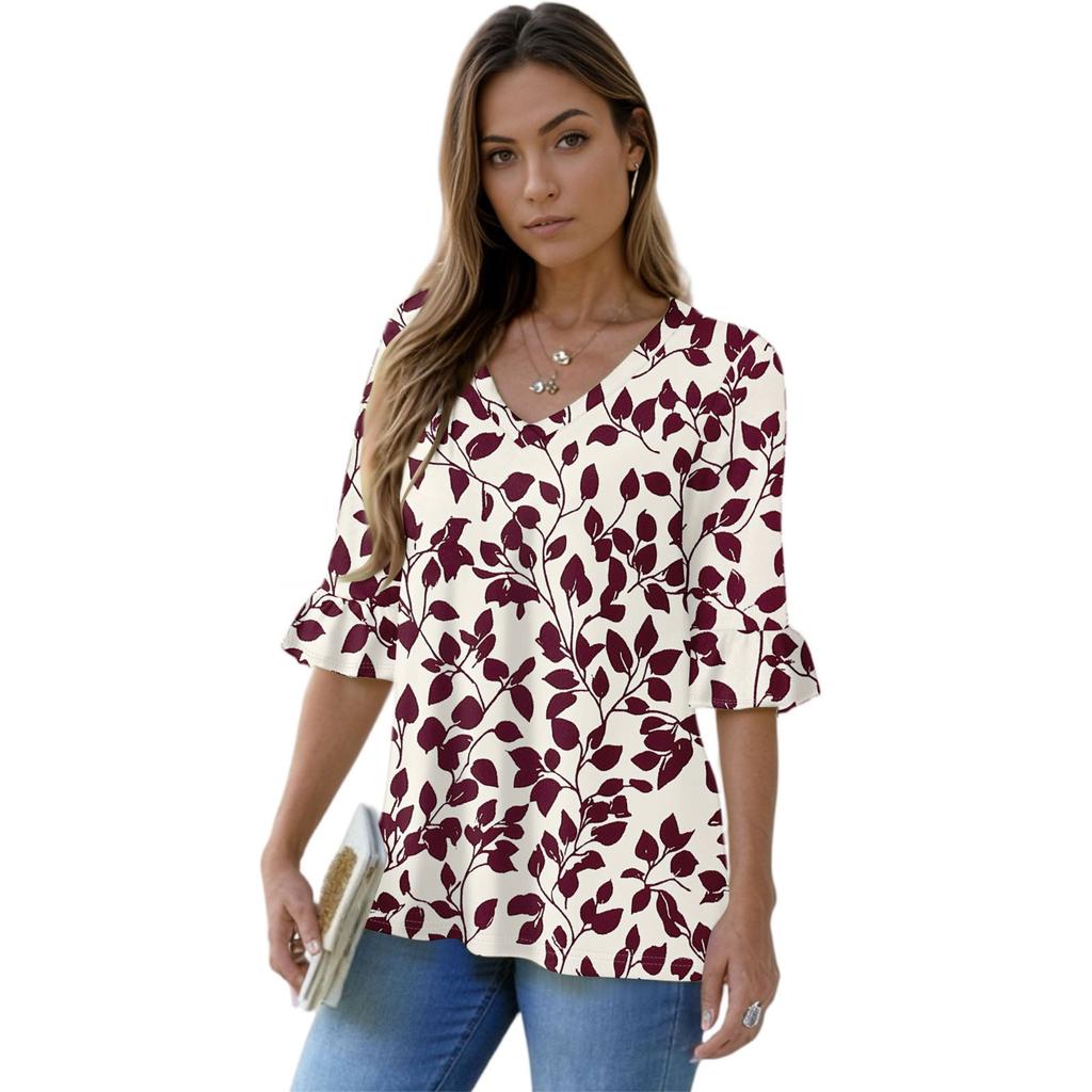 Women's Casual 3/4 Sleeve Tops V-Neck Sleeve T-Shirt Floral Print Tops