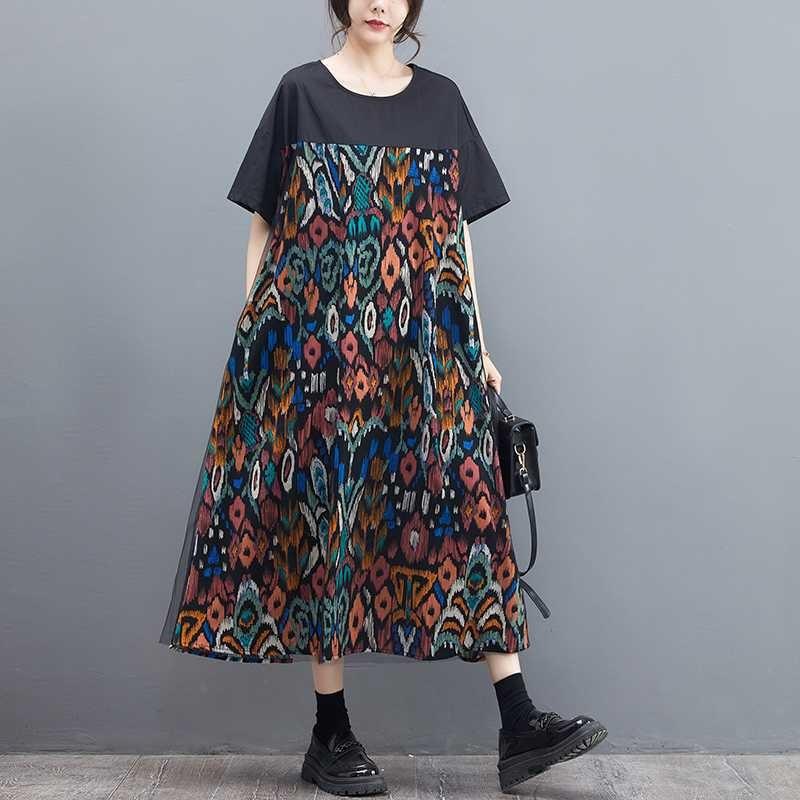 Women's Summer Floral Ruffle Dress  Plus Size Line Dress with Sheer Panel Detailing Vintage Inspired Loose Fit Maxi