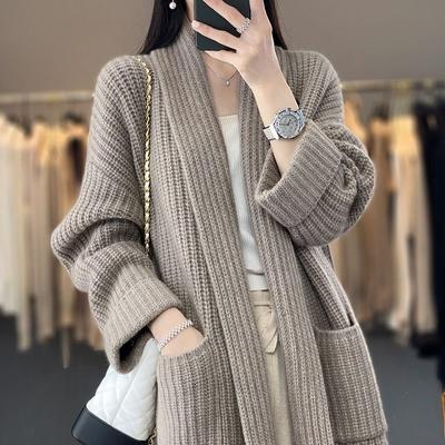 Mittellanger V-Ausschnitt-Pullover für Damen, Oberbekleidung, Strickjacke im Lazy-Style