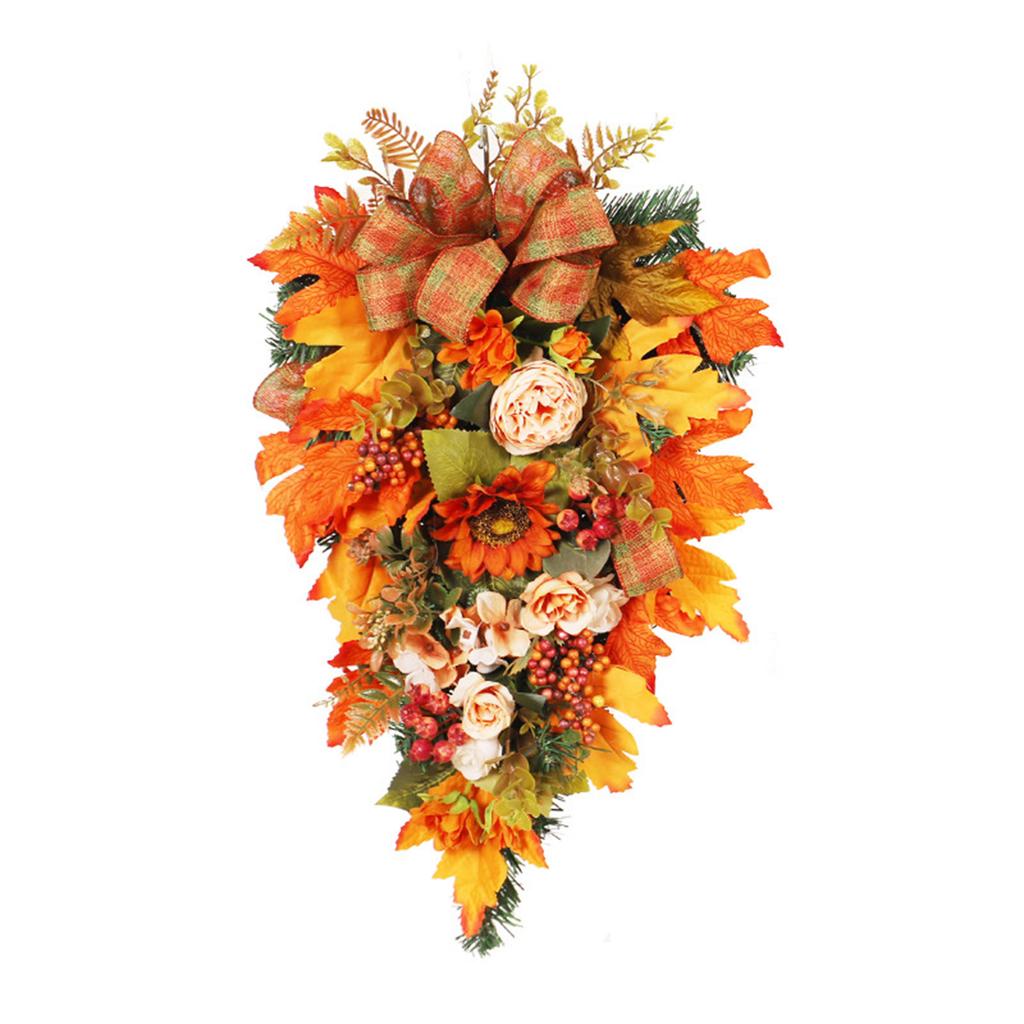Maple Leaves Swag Wreath Fall Autumn Artificial Peony Sunflower Flower Teardrop Wreath Front Door Festival Decor